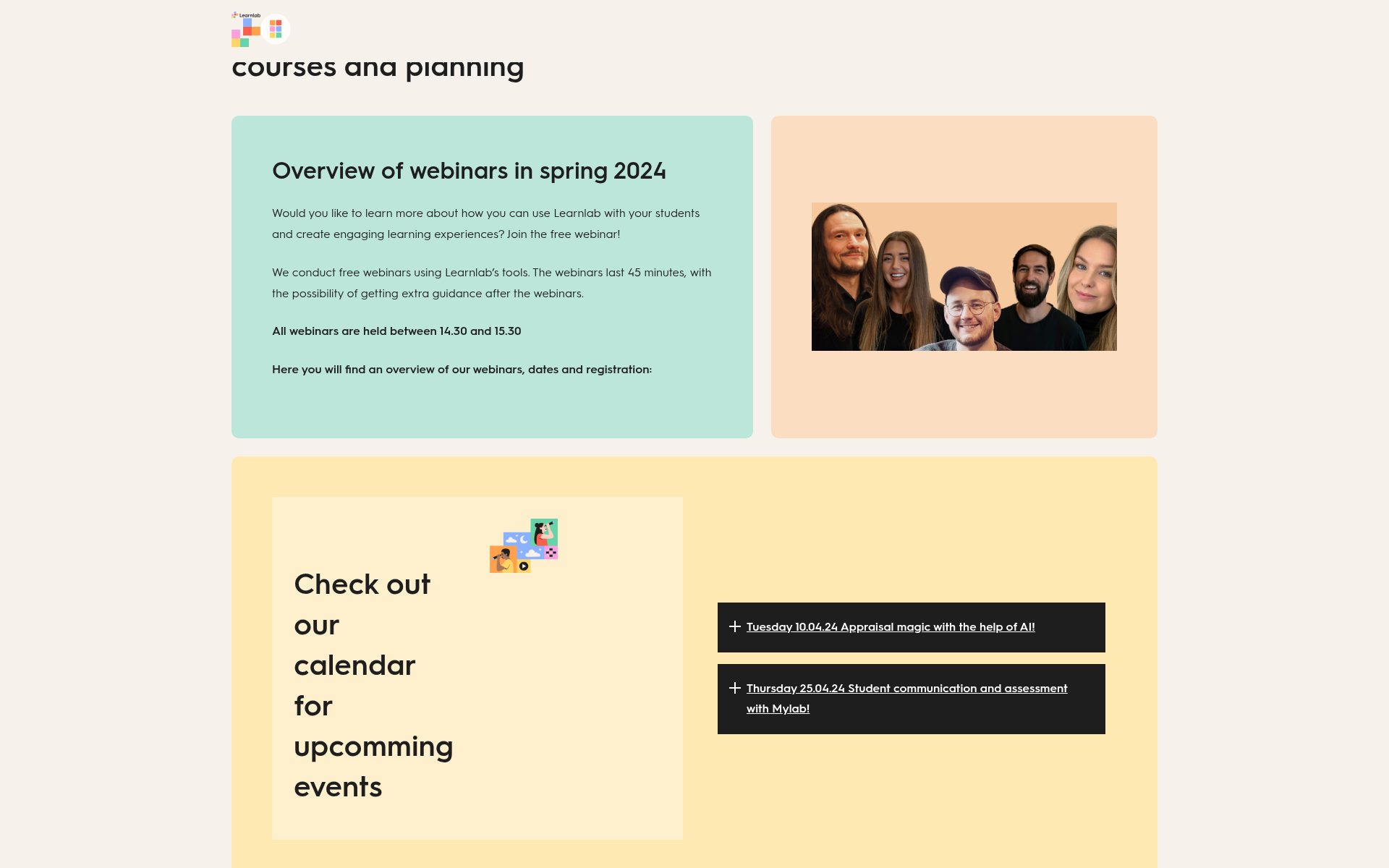 Courses, webinars and a live calendar